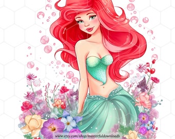 Diseño de clipart de dibujos animados digitales de sirena floral para imprimir y descargar imagen instantánea