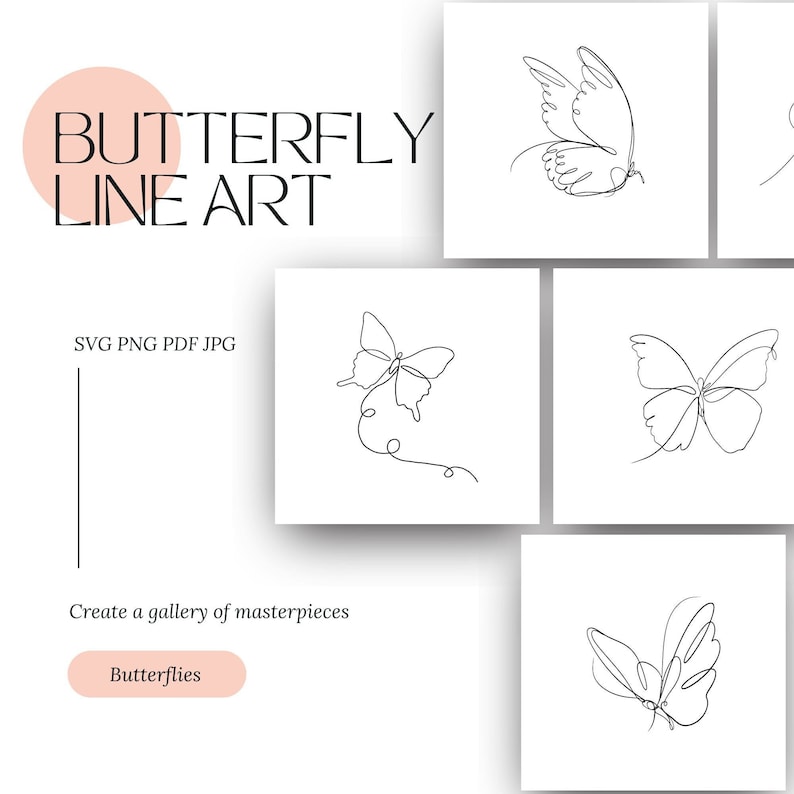 May include: A set of four line art butterfly illustrations. Each butterfly is drawn in a single continuous line. The butterflies are in various poses, with wings spread and closed. The illustrations are in black and white and are set against a white background.