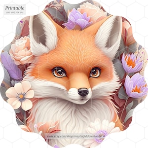 May include: A digital illustration of a red fox with white fur around its neck and face. The fox is surrounded by pink, white, and purple flowers. The text "www.etsy.com/shop/masterfuldownloads" is at the bottom of the image.