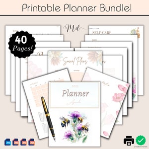 Könnte beinhalten: Ein druckbares Planer-Paket mit 40 Seiten. Das Cover zeigt eine Aquarell-Illustration von Bienen und Blumen. Die Seiten beinhalten Abschnitte für soziale Pläne, Selbstpflege und Notizen. Der Planer ist in verschiedenen Formaten erhältlich, darunter SVG, PNG, JPG und PDF.