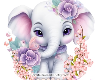 Imagen prediseñada imprimible de elefante bebé floral, diseño de descarga digital instantánea