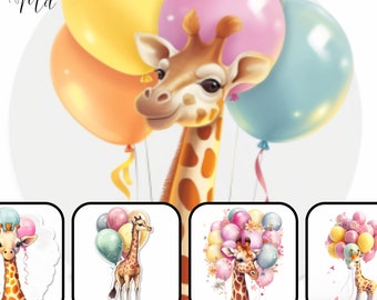 Feestgiraf verjaardagsballonnen illustraties (digitale printables)