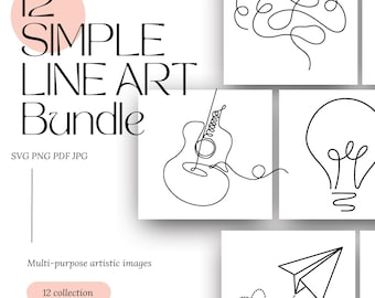 Paquete de imágenes SVG minimalistas de líneas: Oso de peluche, avión, imágenes prediseñadas de bombillas (svg, png, pdf, jpg)