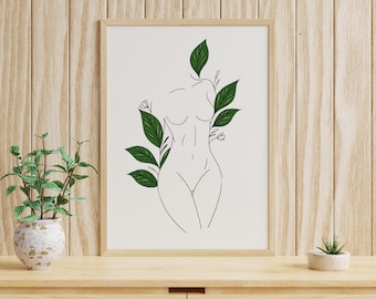 Arte mural minimalista con figura femenina y flores (descarga digital)