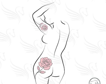 Diseño de tatuaje minimalista de mujer con rosas florales en estilo arte lineal para descarga digital.