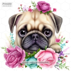 Cute Floral Dog Cartoon Clipart Instant Digital Download Printable Image