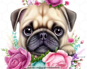 Imágenes prediseñadas de perro con flores, descarga digital instantánea, archivos de imagen imprimibles