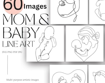 Dibujos lineales de bebés y madres - Paquete de 60 imágenes prediseñadas digitales (SVG, PNG)