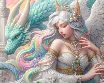 Fantasievrouw en draak afdrukbare kunst, grillige engel (digitale download)