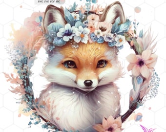 Imágenes prediseñadas digitales de zorro floral, majestuoso diseño animal, imprimibles, descarga instantánea, archivos de imágenes prediseñadas