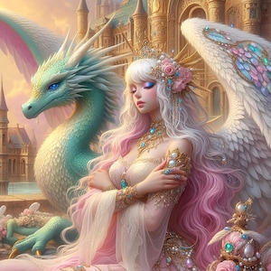 Medieval Fantasy Anime Angel Female Digital Wall Art File Detailed Woman & Dragon Colorful Vector Artist Image Printable Instant Download