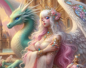 Majestueuze draak en vrouwenfantasie (digitale downloadbestanden)