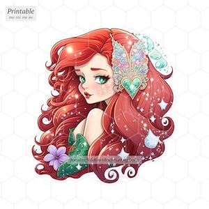 Red haired Mermaid Cartoon Printable Clipart Image Instant Digital Download Design