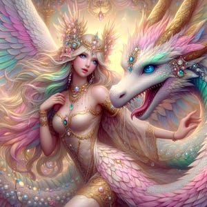 Fantasy Anime Digital Art Detailed Woman & Dragon Vector Artist Image Colorful Female Angel Artwork Instant Download File