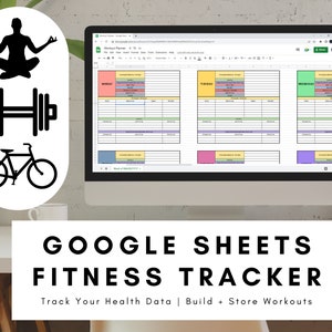 以下が含まれることがあります： Google スプレッドシートのフィットネストラッカーが、週ごとのワークアウトプランナーとともに表示されたコンピューターモニター。瞑想する人、バーベル、自転車の黒いアイコンが含まれています。テキストには「GOOGLE SHEETS FITNESS TRACKER. Track Your Health Data | Build + Store Workouts」と書かれています。