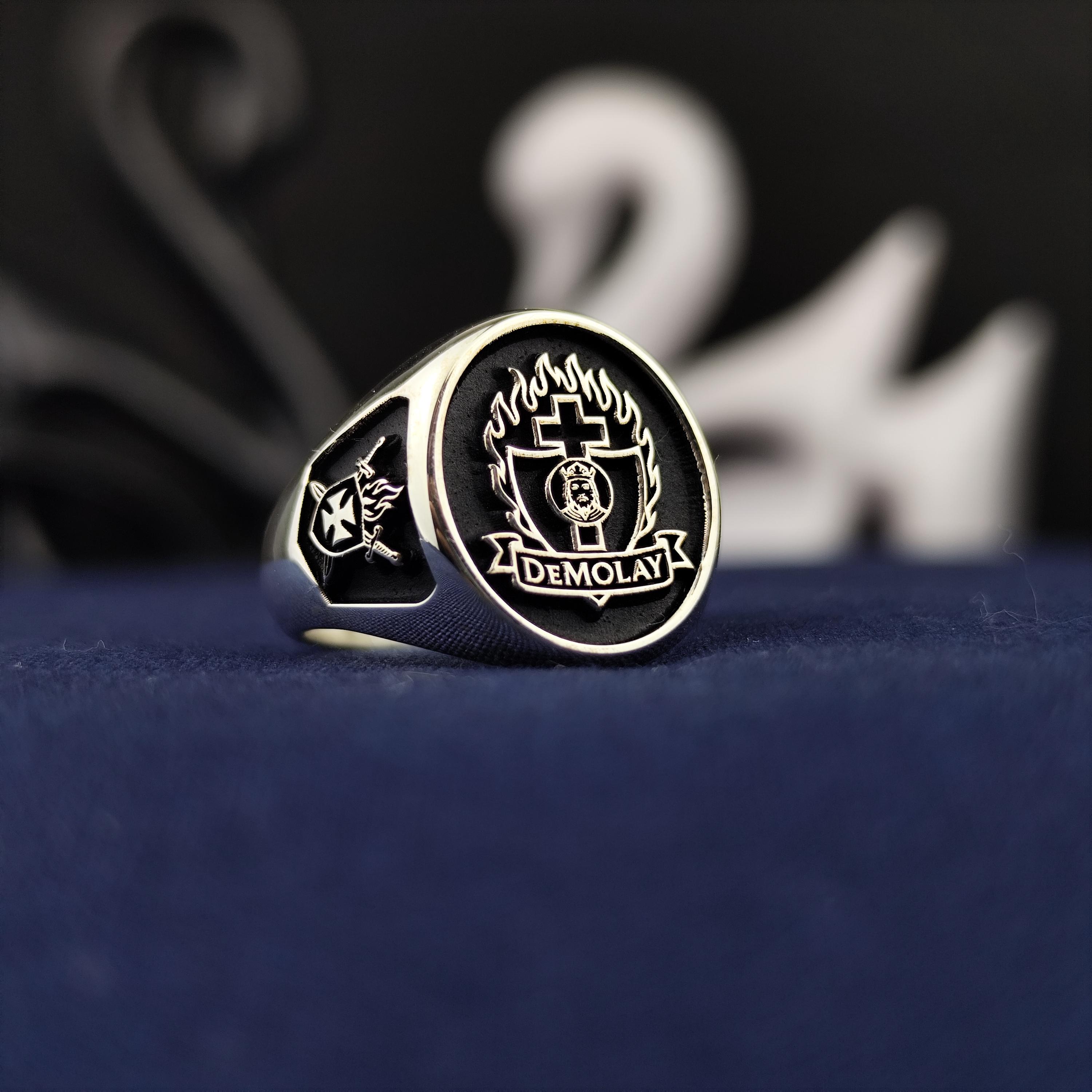 Demolay Signet Ring – 925 Silver Masonic Youth Shield With Flame 