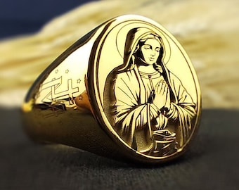 Gold Plated Virgin Mary Signet Ring: Catholic Statement Jewelry