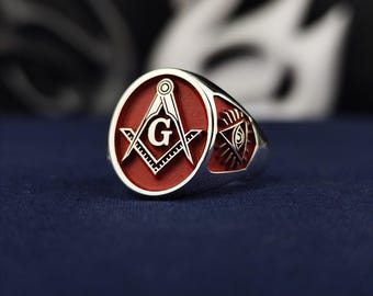 Handgemaakte vrijmetselaarsring: Vrijmetselaarszegelring van sterling zilver met emaille.