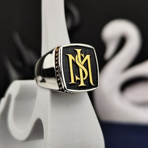 Anillo de plata con piedra para hombre y dos iniciales: sello personalizado