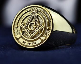 Gold Plated Masonic Signet Ring: Freemason Compass & G Symbol
