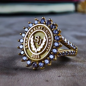Elegant White Stone University Ring – Double Shank Gold-Plated Graduation Jewelry for Women – Custom Class/College Keepsake