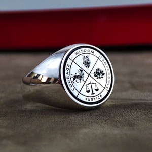 Vintage Stoic Ring – Amor Fati & Four Virtues Engraved – Wisdom, Courage, Justice, Temperance Philosophy Jewelry Gift