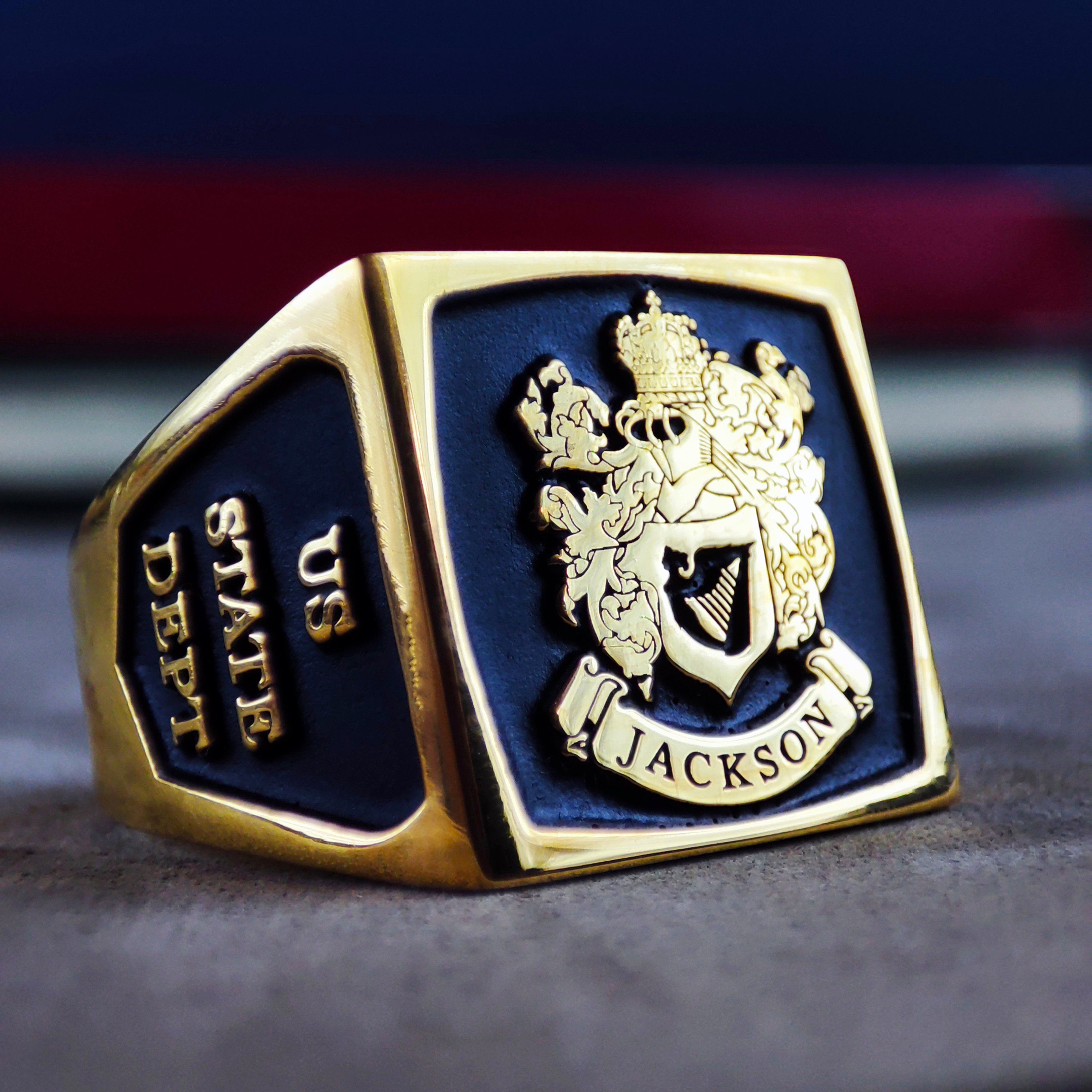 Square Enamel Family Crest Ring – Gold Plated Custom Coat of Arms Signet – Personalized Engraved Heritage Jewelry for Men