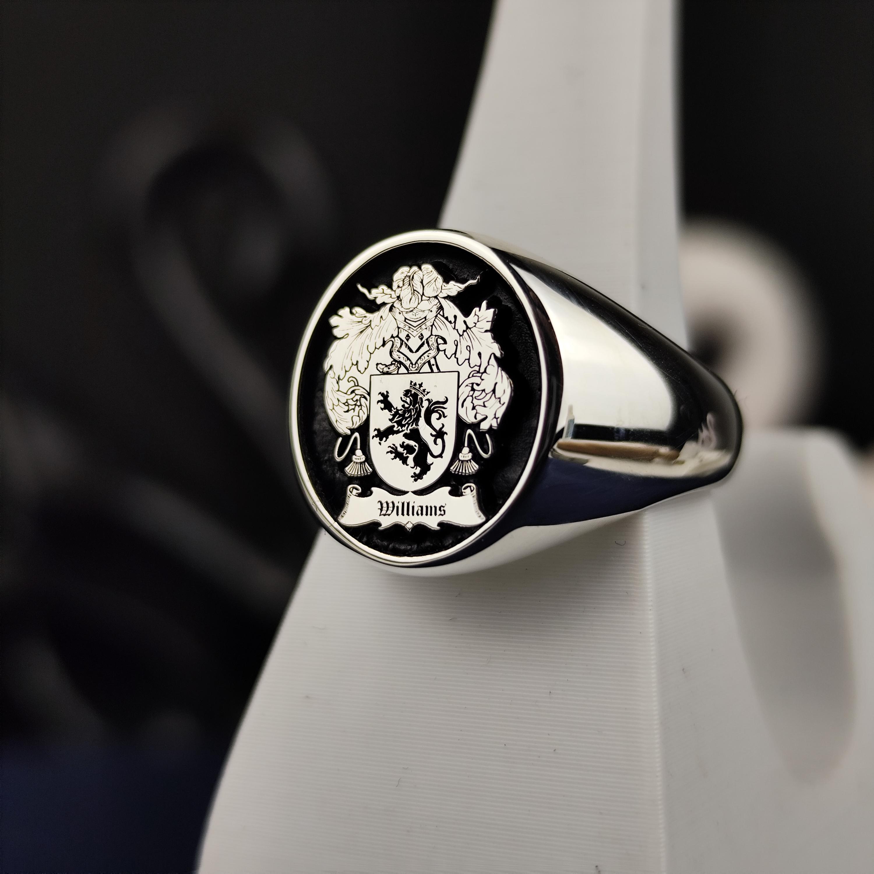 Custom Family Crest Ring: Hand Engraved Sterling Silver, Gold 