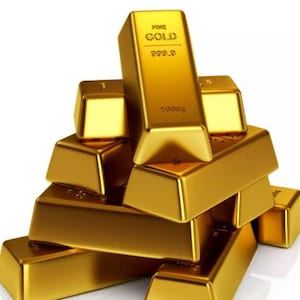 May include: A stack of gold bars, some with the words "FINE GOLD 999.9" and "1000g" printed on them.