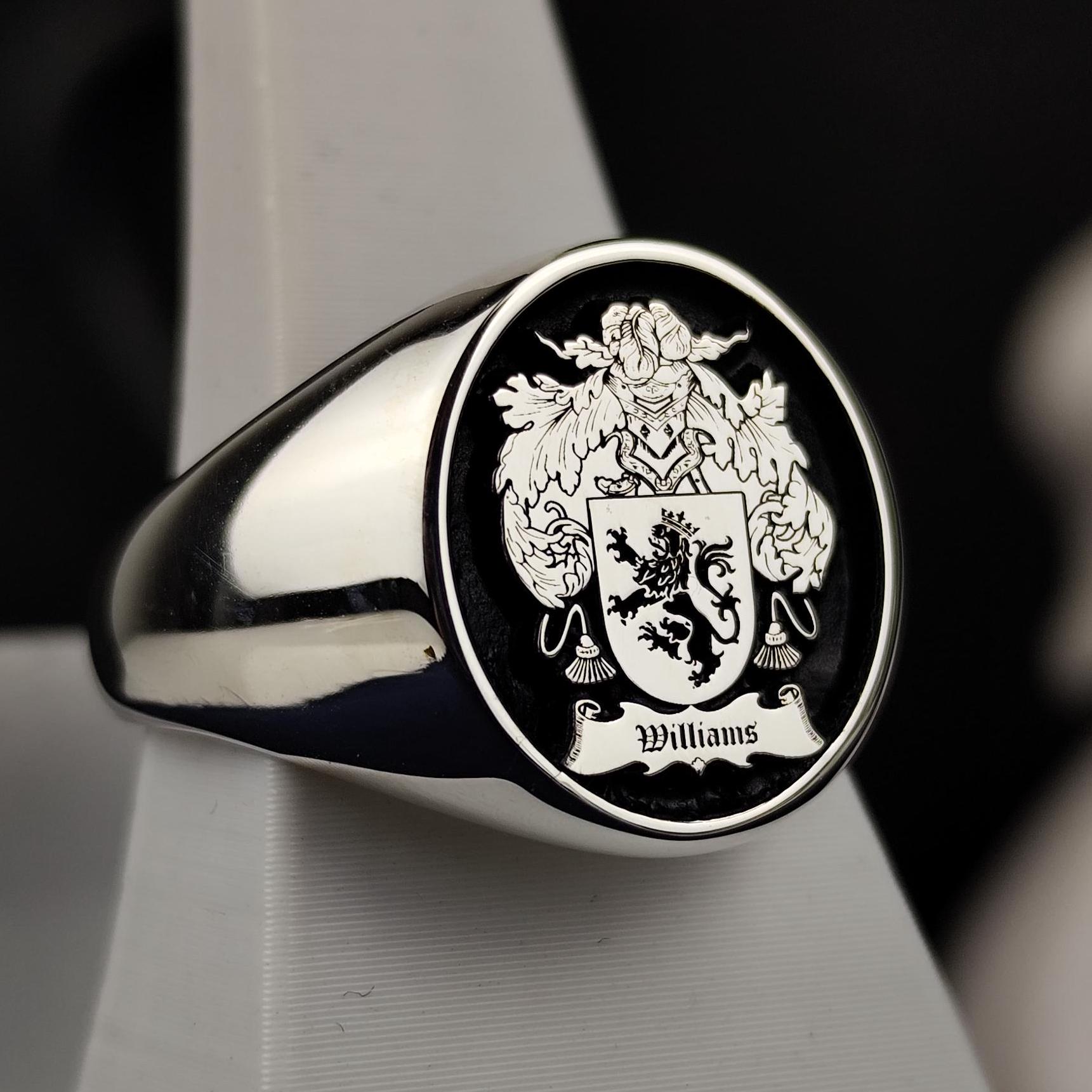 Custom Family Crest Ring: Hand Engraved Sterling Silver, Gold 