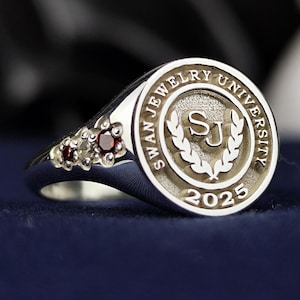 Women's College Class Ring, Custom Three Stone Signet Ring, Personalized Graduation Gift