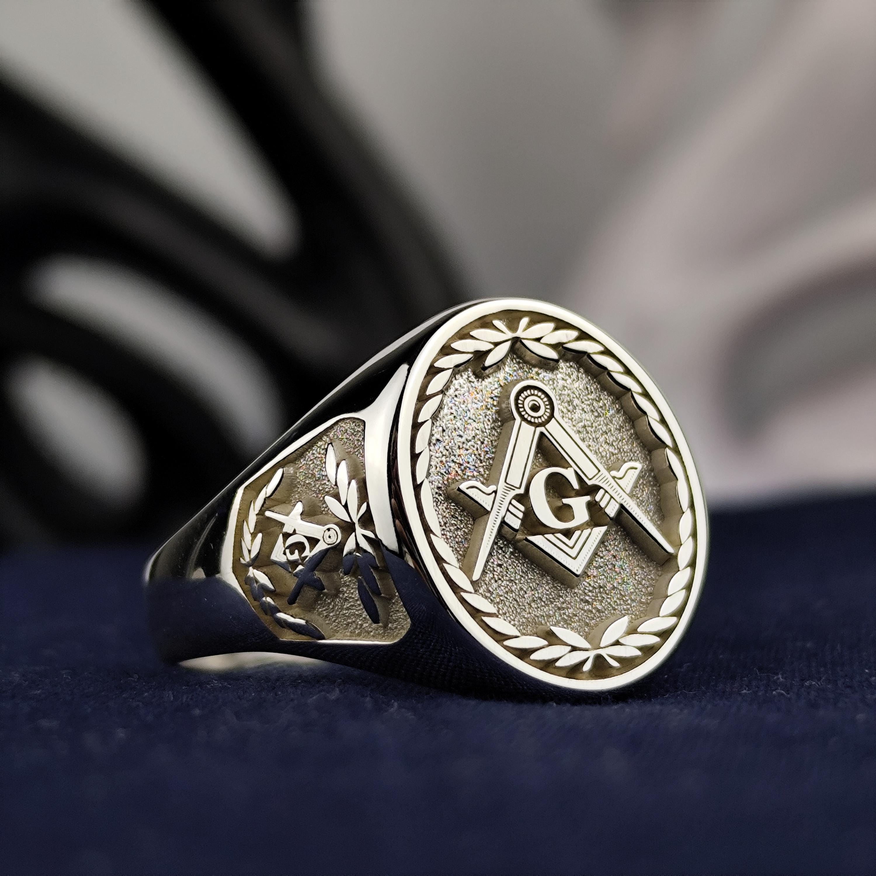 Handmade Sterling Silver Masonic Ring - Square & Compass Design With Letter G, Antique Finish