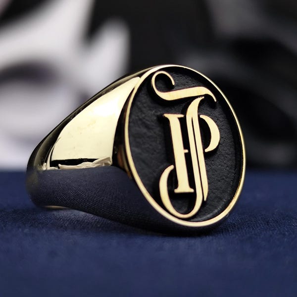 14K Gold Personalized Monogram Signet Ring, Custom Initial Jewelry, Sterling Silver Gold Enamel