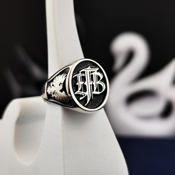 Custom Monogram Signet Ring, Sterling Silver, Personalized Initial Jewelry, Swan Design