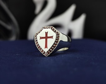 Knights Templar Ring: Sterling Silver Shield, Red Cross - Masonic Crusader