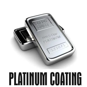 May include: Two silver bars stacked on top of each other. The top bar has the text "CREDIT SUISSE" and "999.5 Fine PLATINUM" printed on it. The bottom bar has a serial number printed on it. The text "PLATINUM COATING" is printed below the bars.