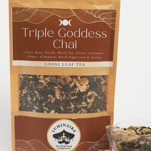 Triple Goddess Chai Mushroom Black Tea, Reishi Mushroom Tea, Cardamom, Ginger, Cinnamon, Black Pepper, Nutmeg Loose Leaf Tea