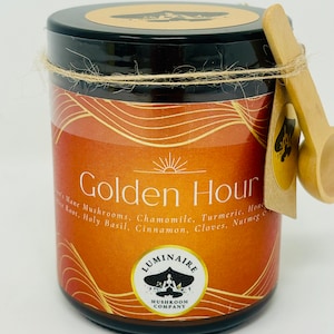 Golden Hour Turmeric Ginger Mushroom Powdered Tea, Lions Mane, Ginger, Honey, Chamomile, Holy Basil, Herbal Tea