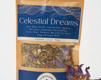 May include: A brown paper pouch with a blue and gold label that reads "Celestial Dreams" and lists the ingredients of the loose leaf tea inside. The ingredients include Lion's Mane, Reishi, Valerian Root, Skullcap, Blue Lotus, Chamomile, Passionflower, Licorice Root, Turmeric, Butterfly Pea Flower, Ginger & Lemon Balm. The pouch is open and the tea is visible inside. The label also says "Loose Leaf Tea" and has the logo "Luminaire Mushroom Company".