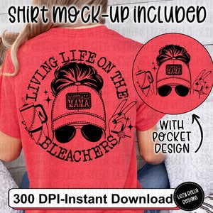 May include: Red t-shirt with a black graphic design that says "Living Life on the Bleachers" with a softball mama graphic. The graphic includes a woman with a bun, sunglasses, and a baseball cap that says "Softball Mama".