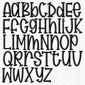 May include: A full black alphabet, featuring both uppercase and lowercase letters. The letters have a playful, rounded design with a thick outline and small decorative dots. The letters are set against a white background.