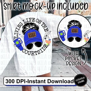 May include: A white sweatshirt with a graphic design of a woman wearing a blue baseball cap with the text "Tennis Mama" on it. The graphic also includes a tennis racket, a tennis ball, and the text "Living Life on the Courtside".