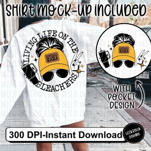 May include: A white long-sleeved shirt with a graphic design of a woman wearing a yellow baseball cap with the text "Softball Mama" on it. The graphic also includes a cup of coffee and the text "Living Life on the Bleachers".