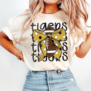 Tigers Coquette Football png Coquette bow png Hand drawn Football png Digital Download Sublimation Design Gold and Black Sports Png