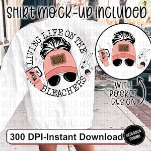 May include: A white sweatshirt with a graphic design that says "Living Life on the Bleachers" with a cartoon illustration of a woman wearing a pink baseball cap with the words "Swim Mama" on it. The design also includes a sunglasses, a drink, and a peace sign. The sweatshirt is 300 DPI and is an instant download.