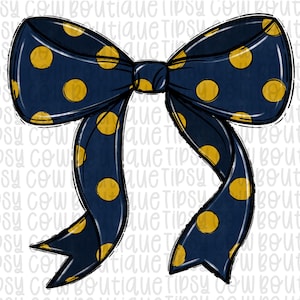 May include: A navy blue bow with yellow polka dots. The bow is tied in a knot and the ends are flowing.