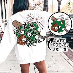 May include: White sweatshirt with a baseball-themed graphic that says "No place like home" with a red bow and a baseball glove. The sweatshirt has a pocket on the front.