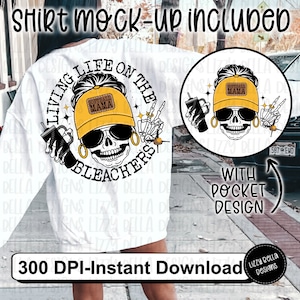 May include: A white sweatshirt with a black and white skull graphic that says "Living Life on the Bleachers" with a yellow baseball cap that says "Softball Mama". The graphic is also available as a separate design for a pocket.
