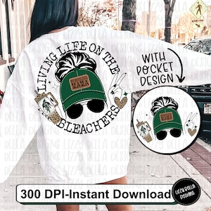 May include: White sweatshirt with a graphic design on the back. The design features a woman with sunglasses and a green cap that says "Wrestling Mama". The text "Living Life on the Bleachers" is also included.