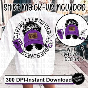 May include: White sweatshirt with a graphic design featuring a purple visor, sunglasses, and the text "Wrestling Mama." The design includes a tumbler and the words "Living Life on the Bleachers."